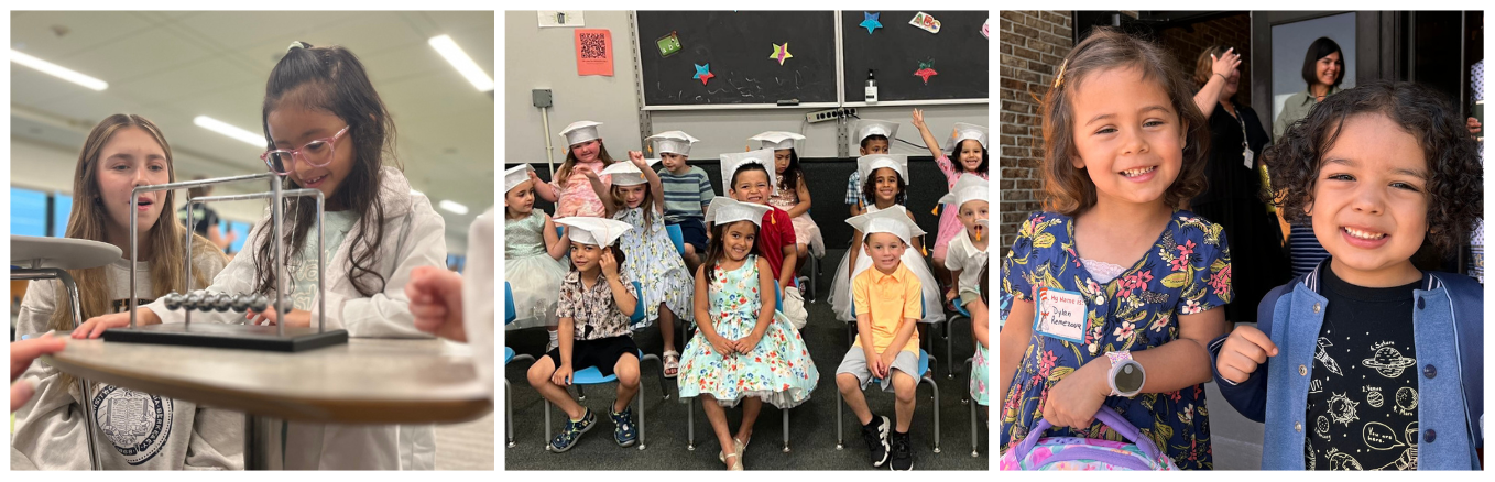 Three photos of the pre-kindergarten program: a student in a lab coat, the 2024 moving up ceremony, two news students 